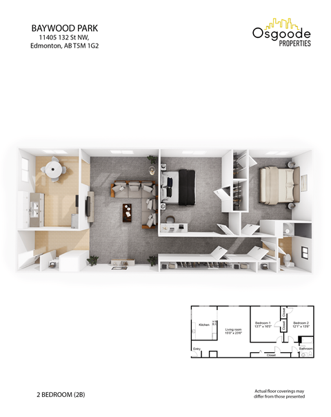 A floor plan and an overhead view of a 2 bedroom apartment.
